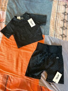 AYBL Black Tonal Pattern Crop Tee & High-Waist Biker Shorts Set